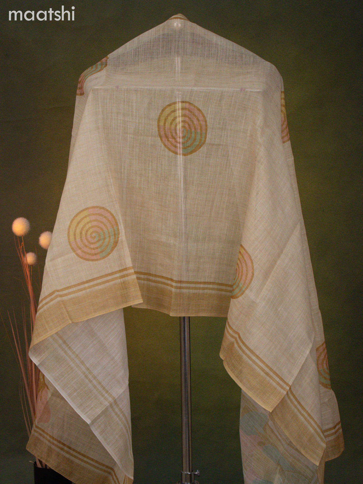 Linen cotton dress material pale yellow with french knot & beaded work neck patern and bottom & dupatta