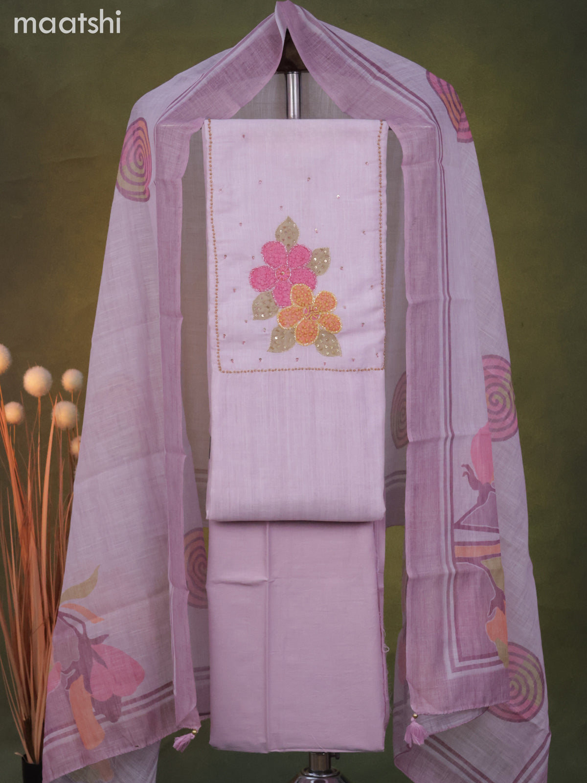 Linen cotton dress material baby pink with french knot & beaded work neck patern and bottom & dupatta