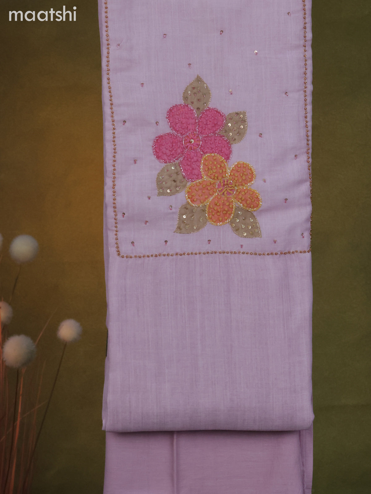 Linen cotton dress material baby pink with french knot & beaded work neck patern and bottom & dupatta