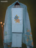 Linen cotton dress material light blue with french knot & beaded work neck patern and bottom & dupatta