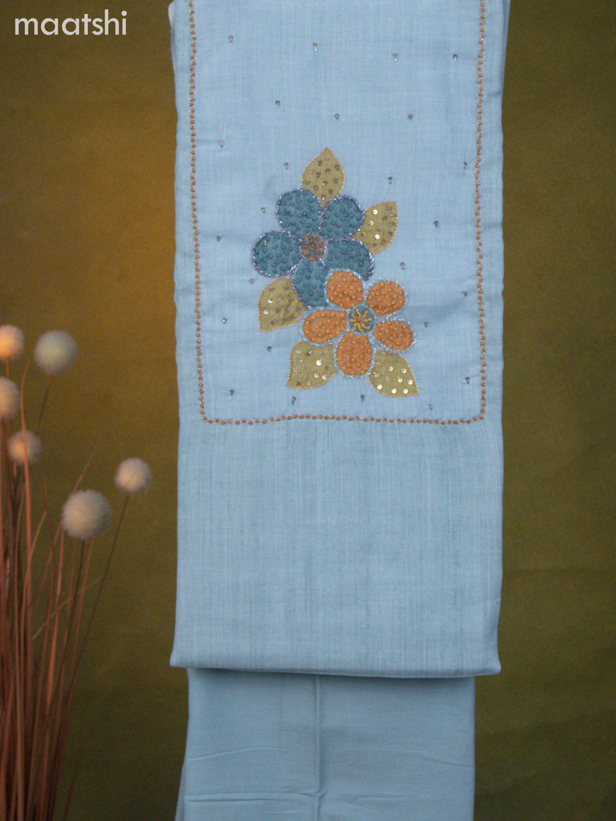 Linen cotton dress material light blue with french knot & beaded work neck patern and bottom & dupatta