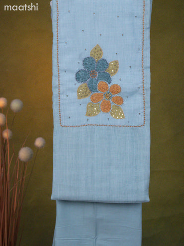 Linen cotton dress material light blue with french knot & beaded work neck patern and bottom & dupatta