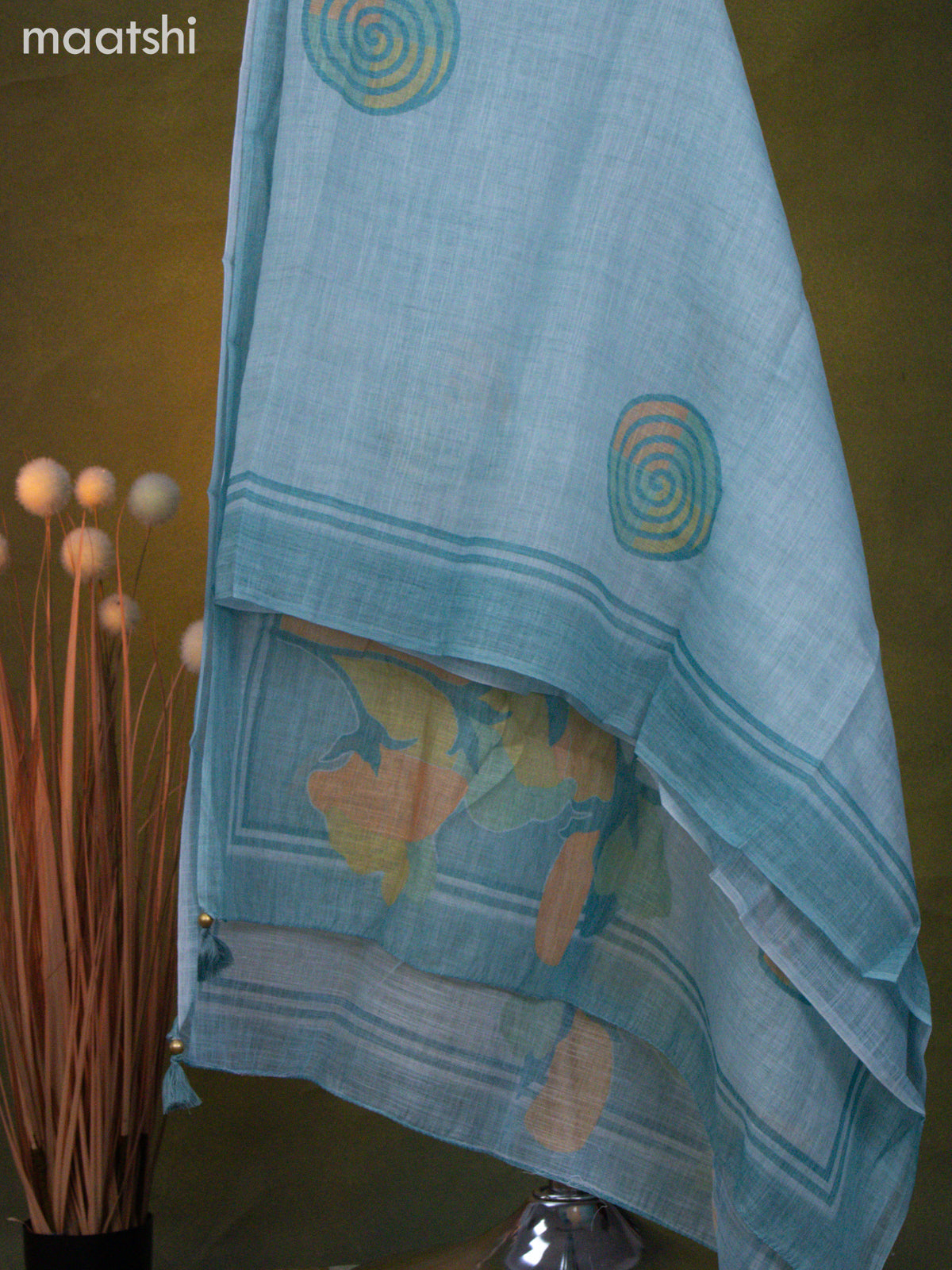 Linen cotton dress material light blue with french knot & beaded work neck patern and bottom & dupatta