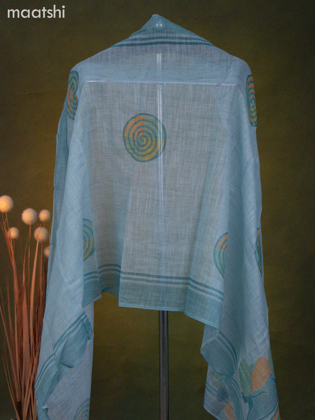 Linen cotton dress material light blue with french knot & beaded work neck patern and bottom & dupatta