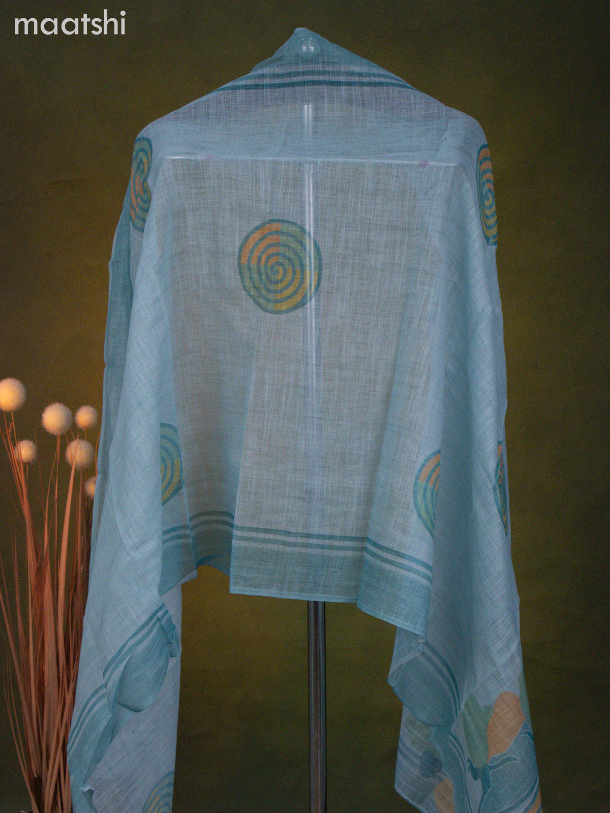 Linen cotton dress material light blue with french knot & beaded work neck patern and bottom & dupatta