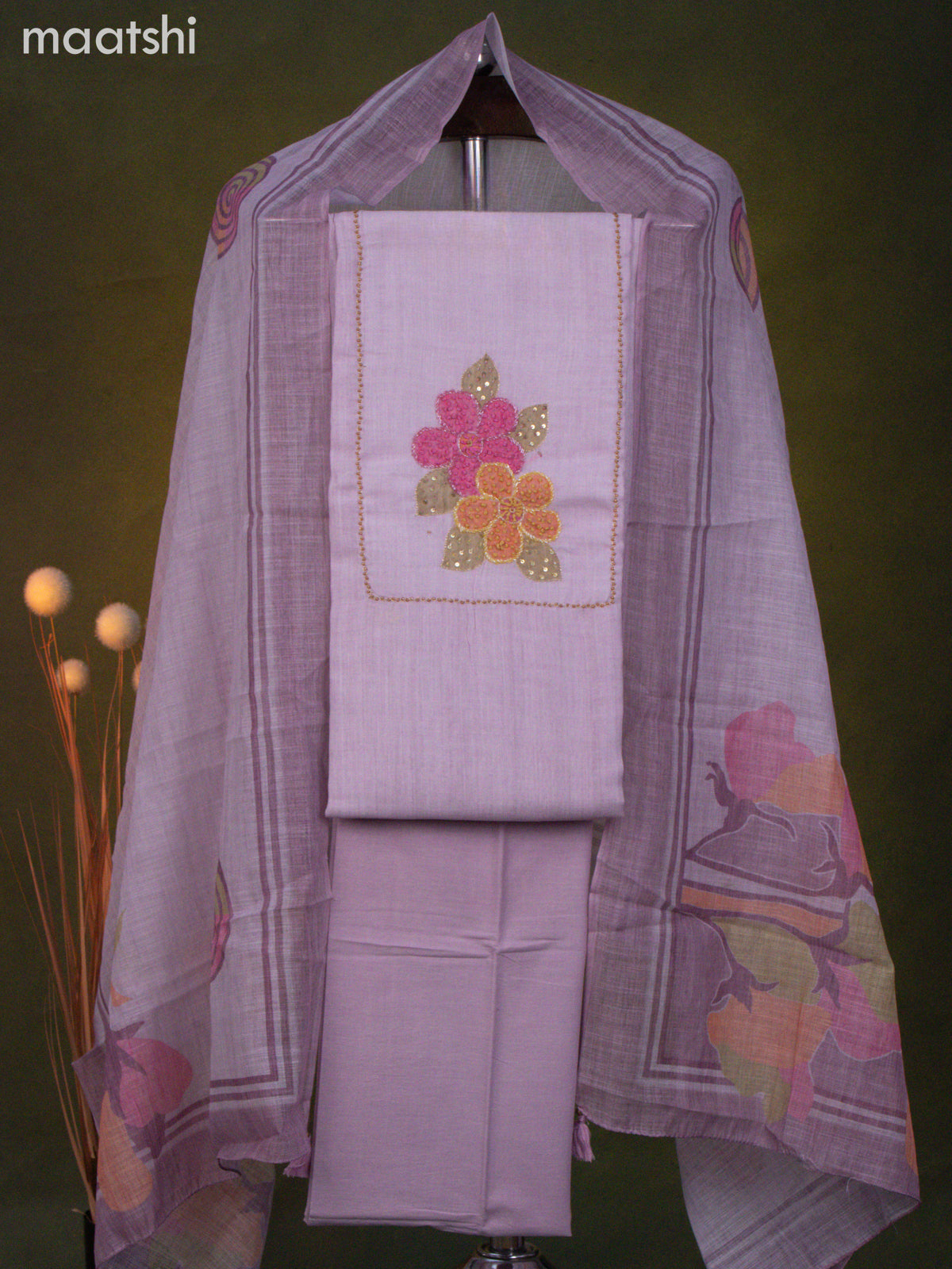 Linen cotton dress material baby pink with french knot & beaded work neck patern and bottom & dupatta