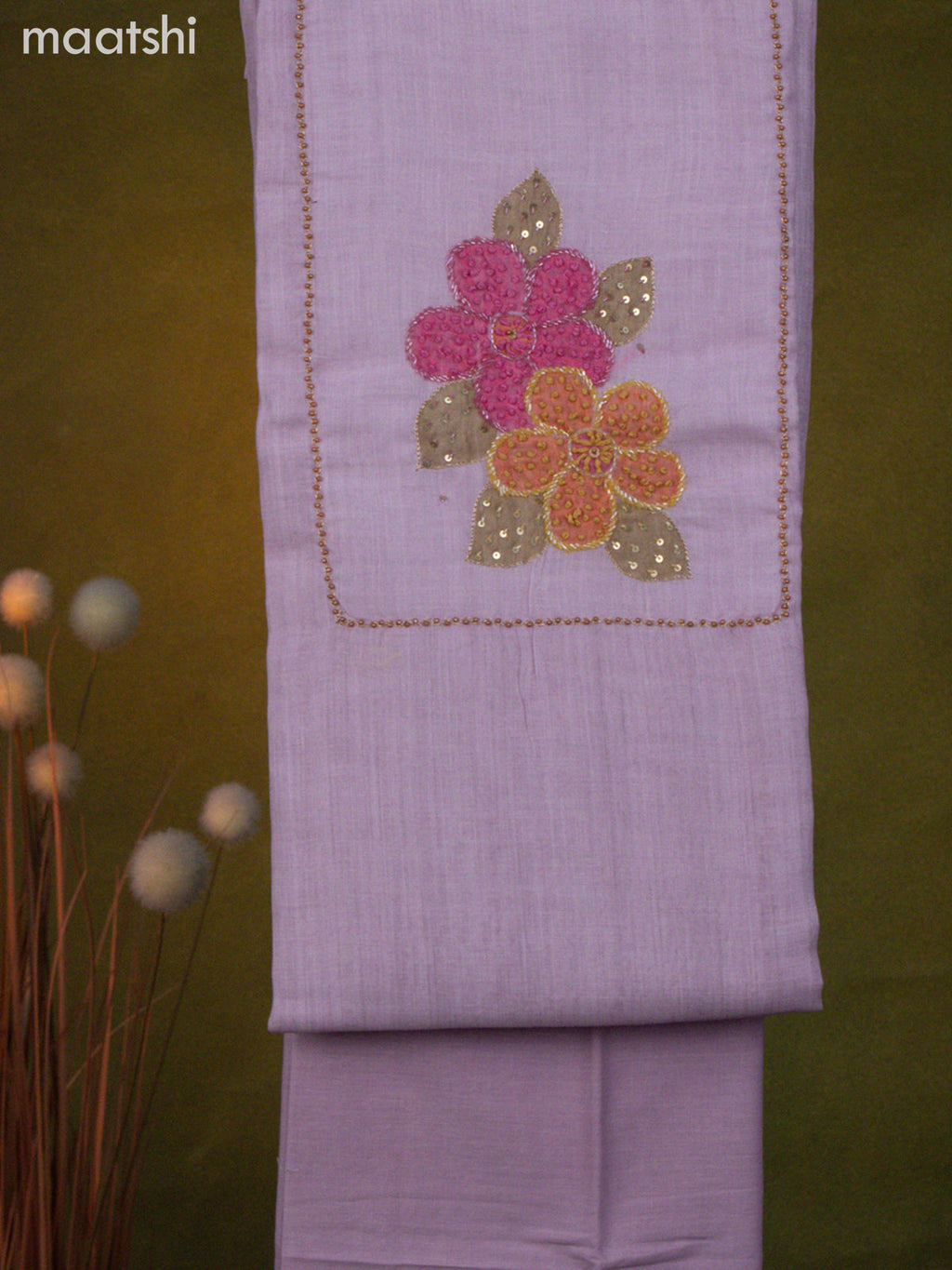 Linen cotton dress material baby pink with french knot & beaded work neck patern and bottom & dupatta