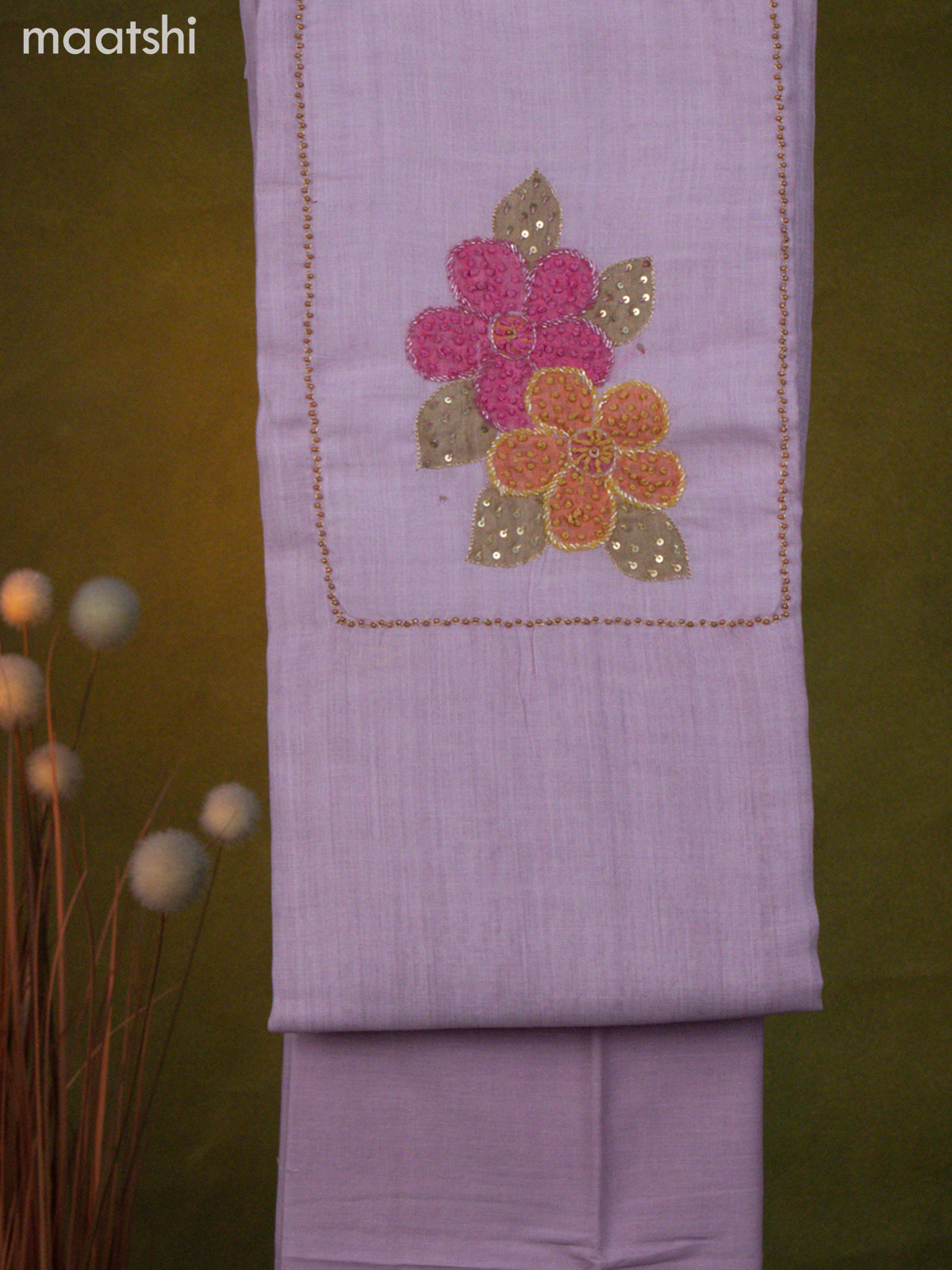 Linen cotton dress material baby pink with french knot & beaded work neck patern and bottom & dupatta
