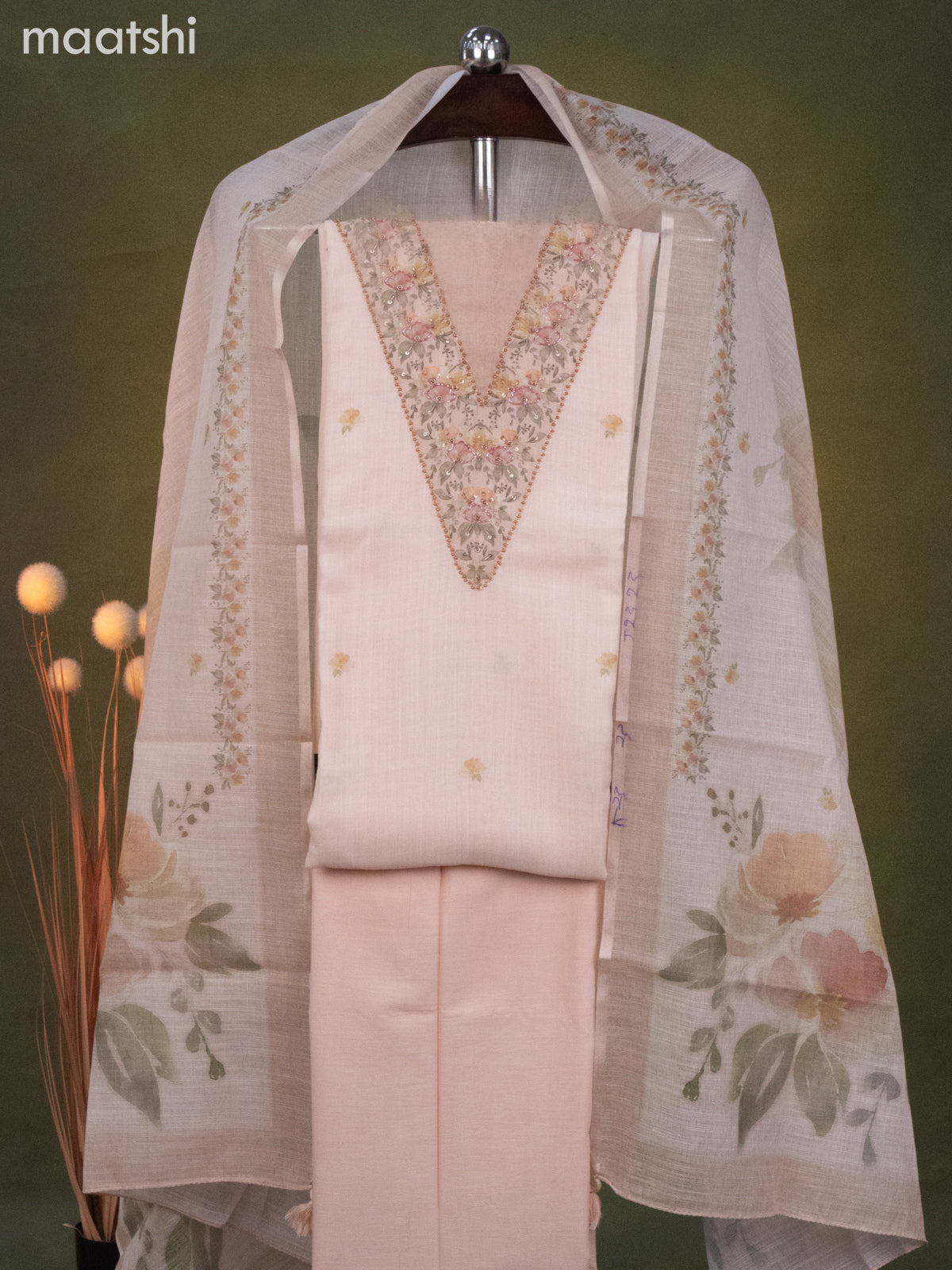Linen cotton dress material pale orange with floral butta prints & beaded sequin work v neck pattern and bottom & dupatta