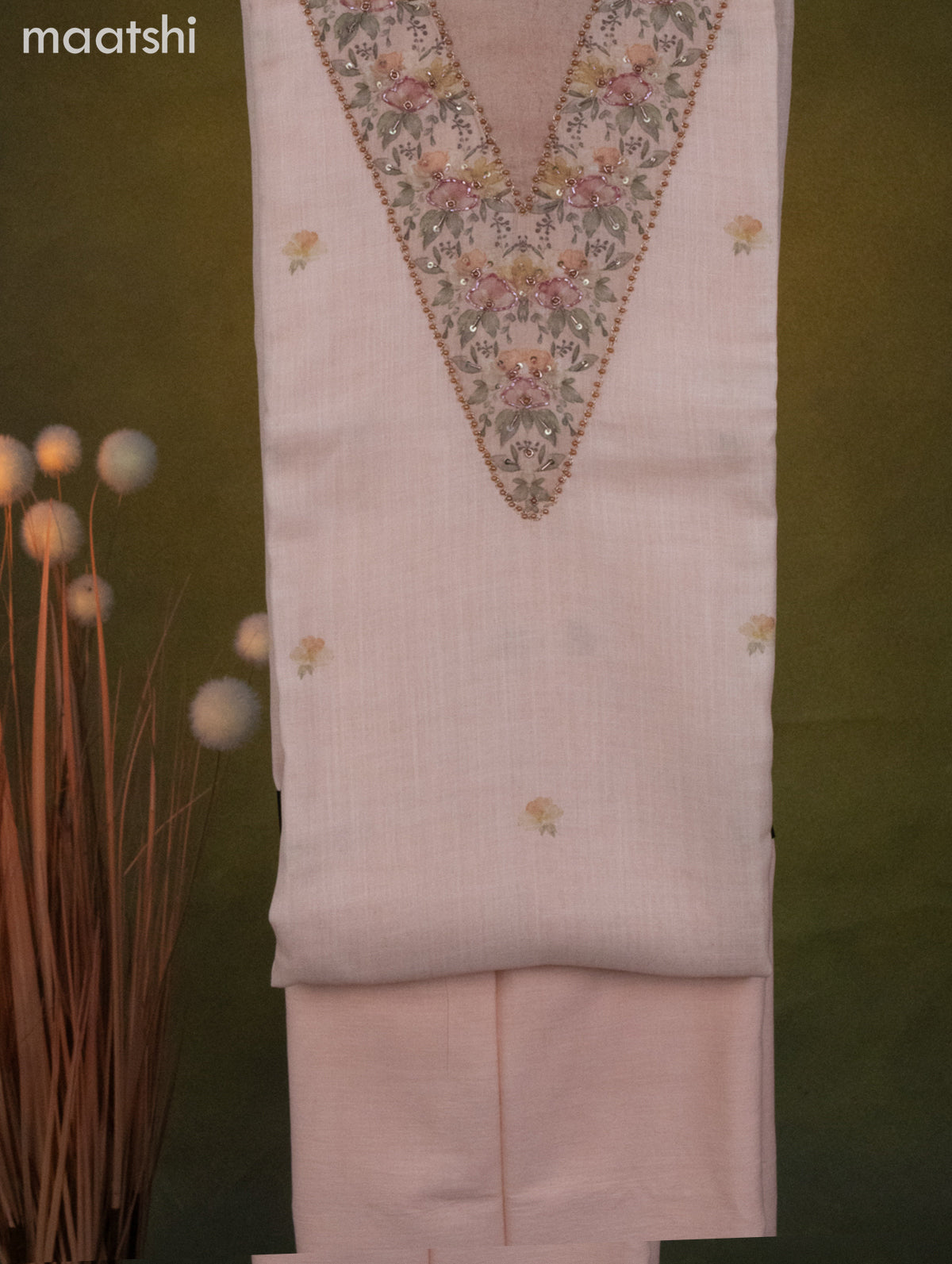Linen cotton dress material pale orange with floral butta prints & beaded sequin work v neck pattern and bottom & dupatta