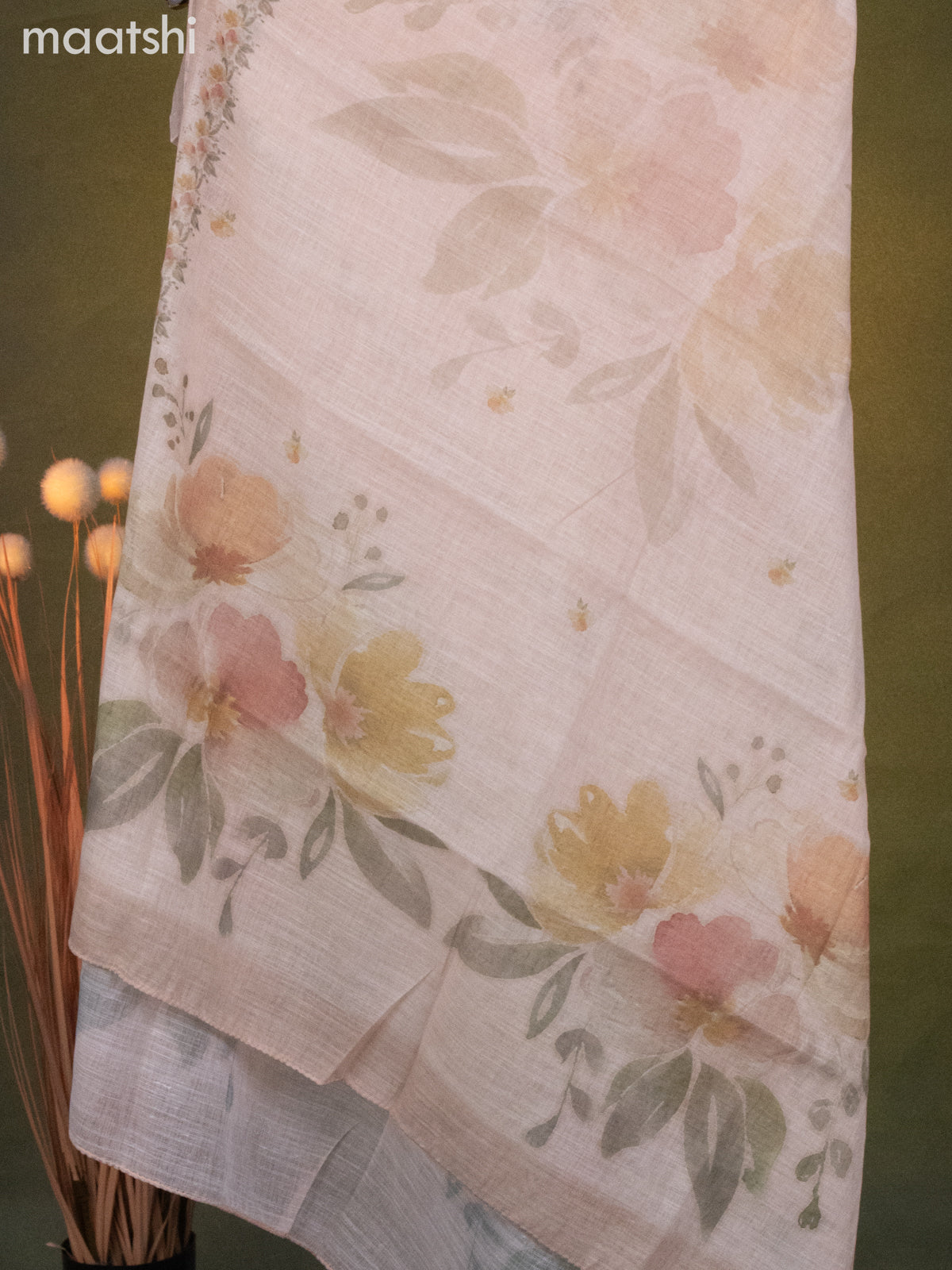 Linen cotton dress material pale orange with floral butta prints & beaded sequin work v neck pattern and bottom & dupatta