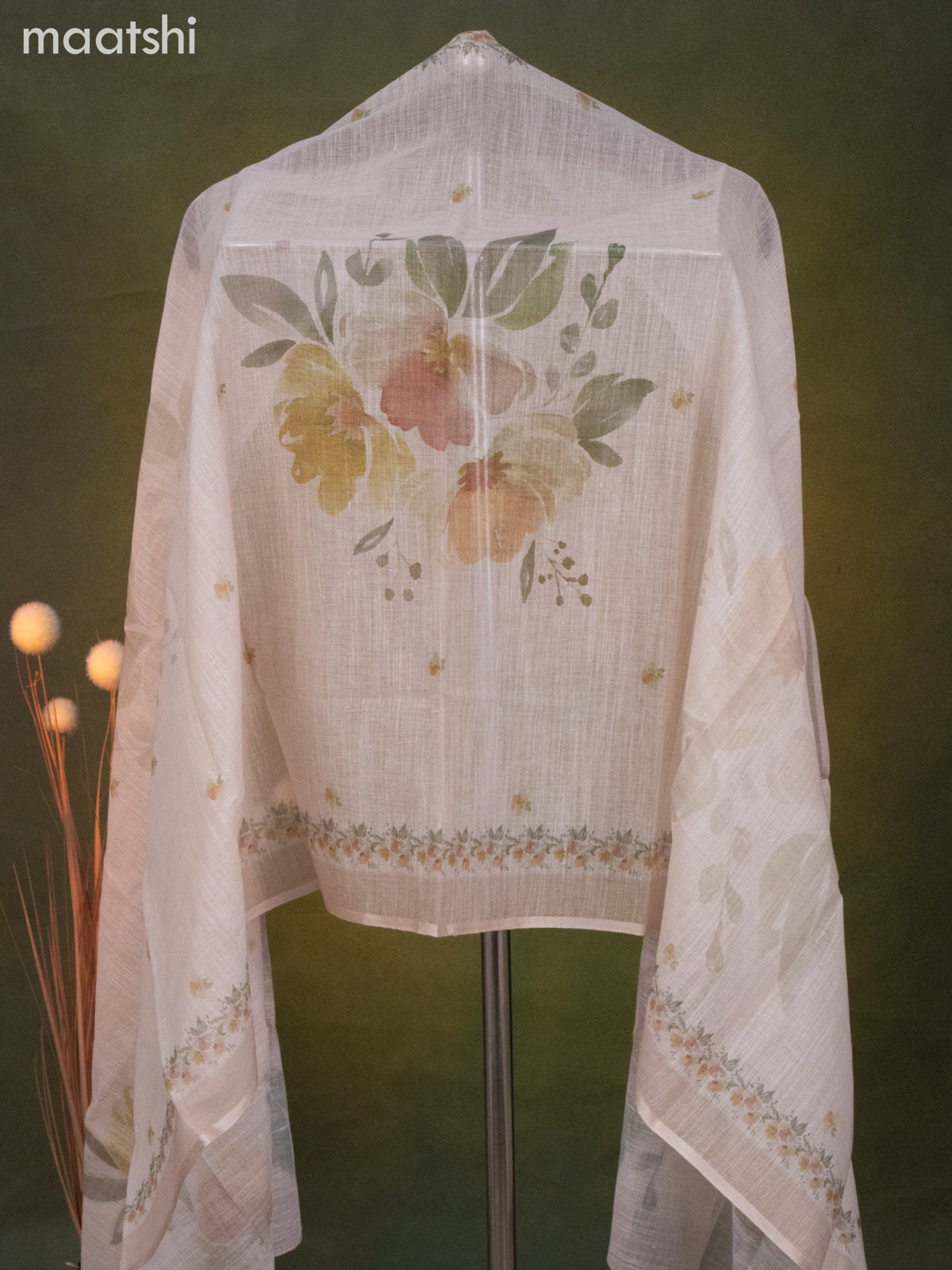 Linen cotton dress material pale orange with floral butta prints & beaded sequin work v neck pattern and bottom & dupatta