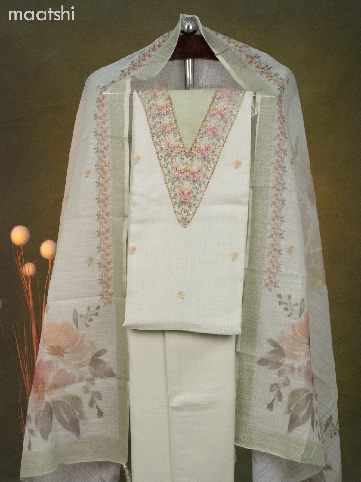 Linen cotton dress material pista green with floral butta prints & beaded sequin work v neck pattern and bottom & dupatta