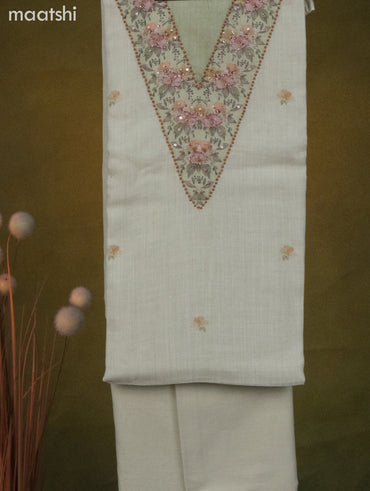 Linen cotton dress material pista green with floral butta prints & beaded sequin work v neck pattern and bottom & dupatta