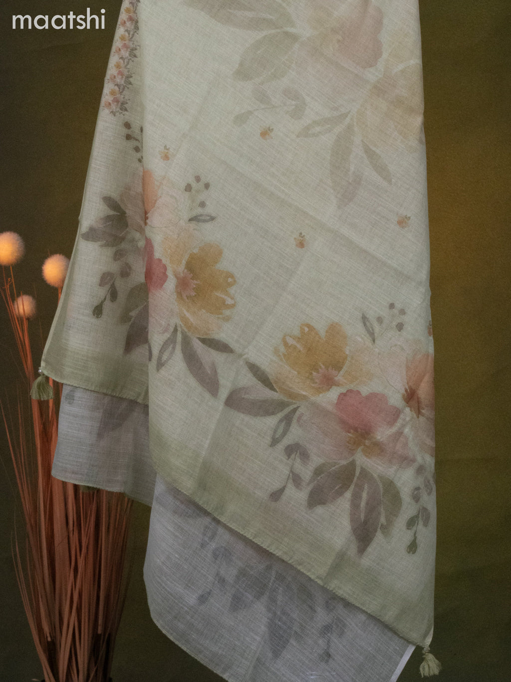 Linen cotton dress material pista green with floral butta prints & beaded sequin work v neck pattern and bottom & dupatta