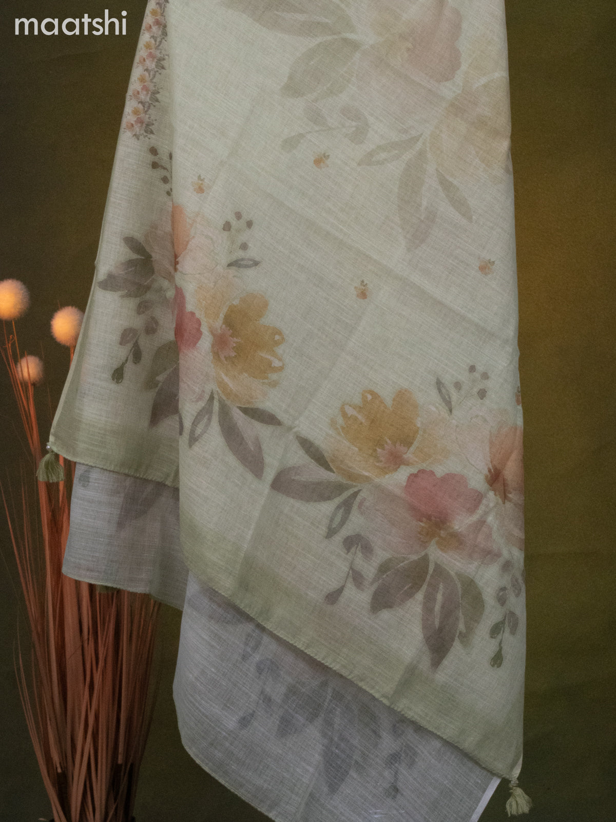 Linen cotton dress material pista green with floral butta prints & beaded sequin work v neck pattern and bottom & dupatta