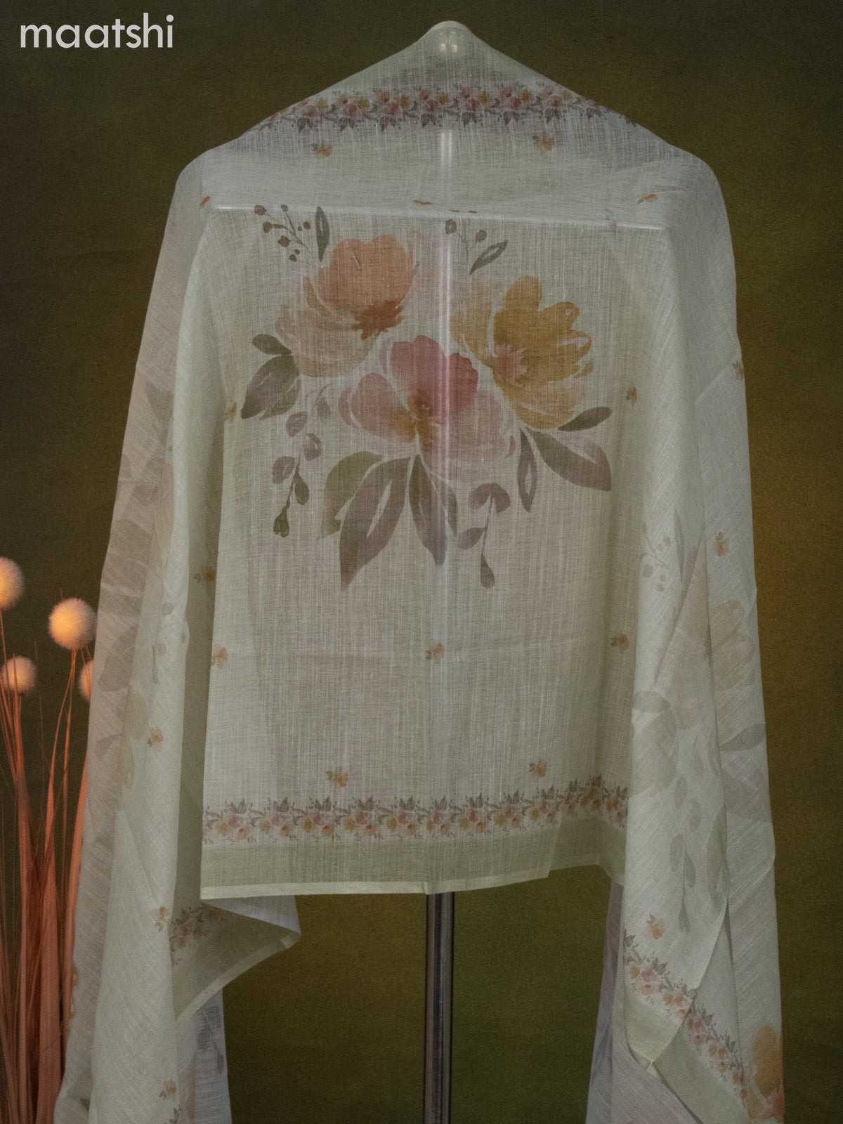 Linen cotton dress material pista green with floral butta prints & beaded sequin work v neck pattern and bottom & dupatta