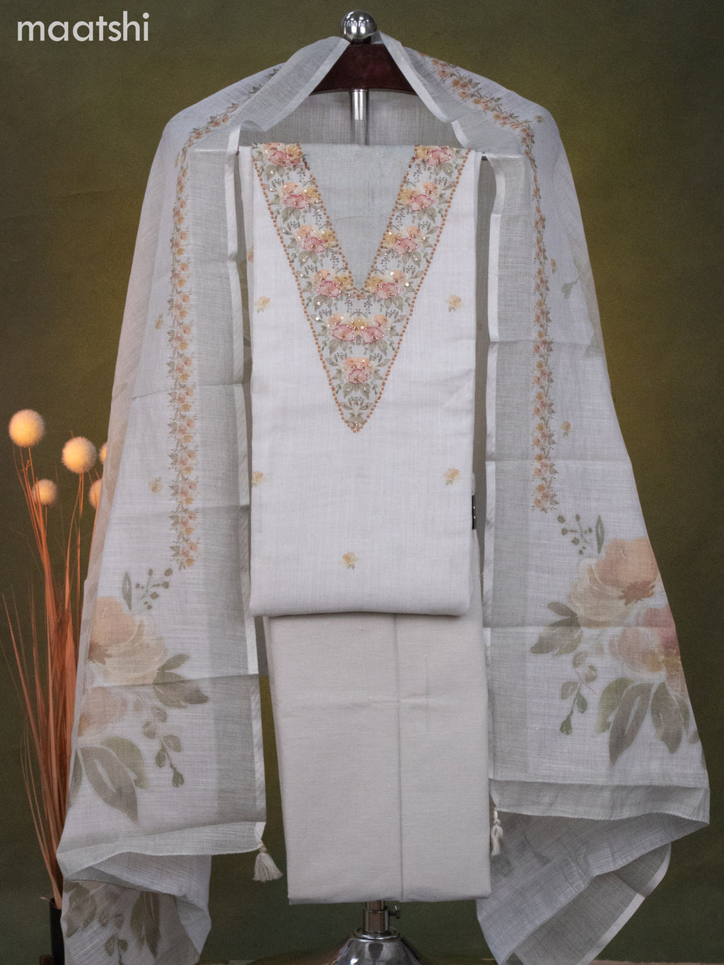 Linen cotton dress material beige with floral butta prints & beaded sequin work v neck pattern and bottom & dupatta