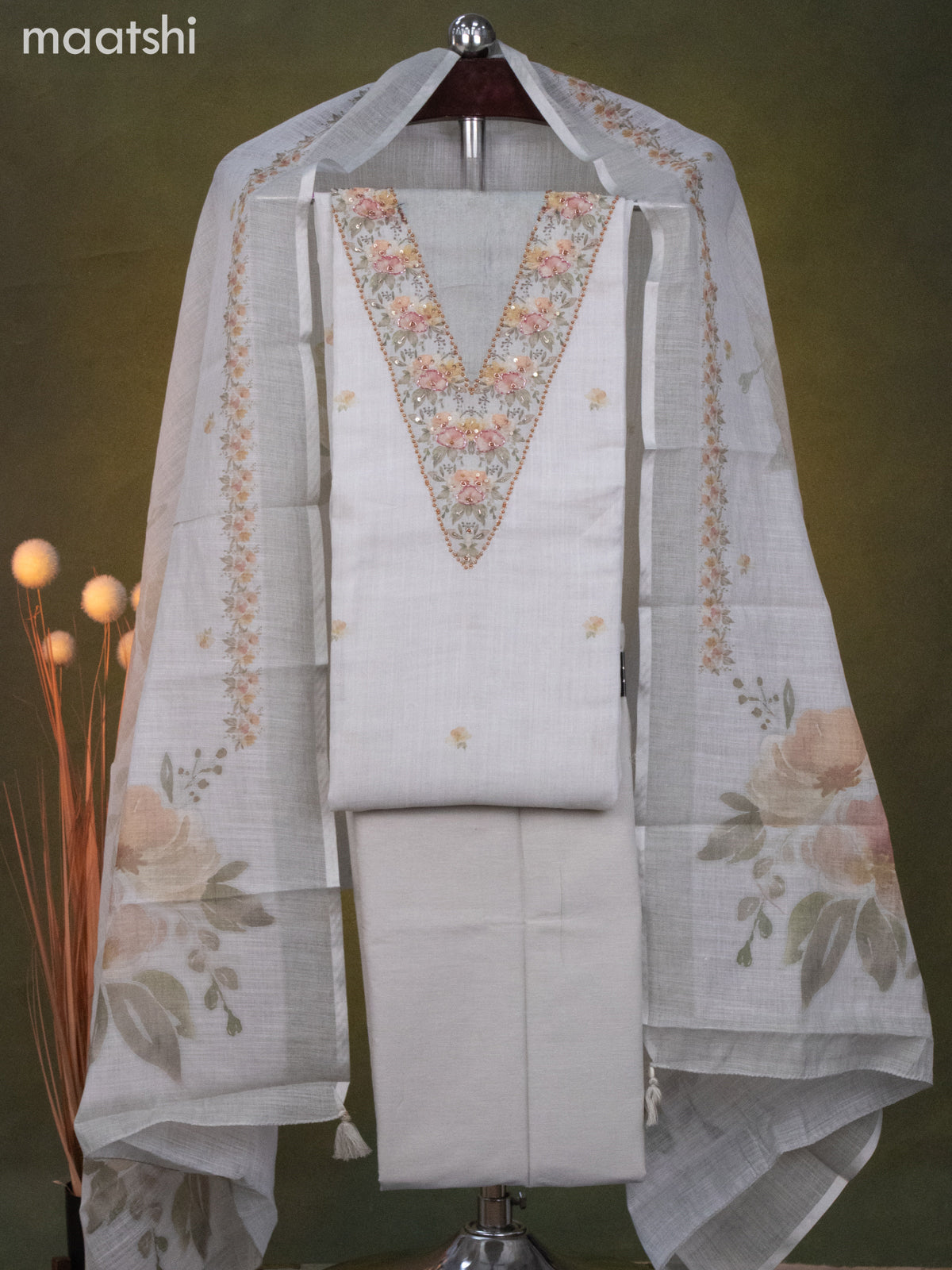 Linen cotton dress material beige with floral butta prints & beaded sequin work v neck pattern and bottom & dupatta