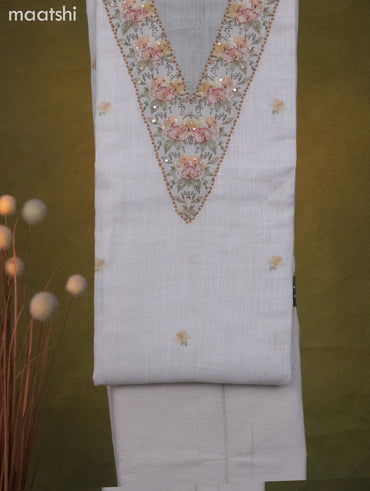 Linen cotton dress material beige with floral butta prints & beaded sequin work v neck pattern and bottom & dupatta