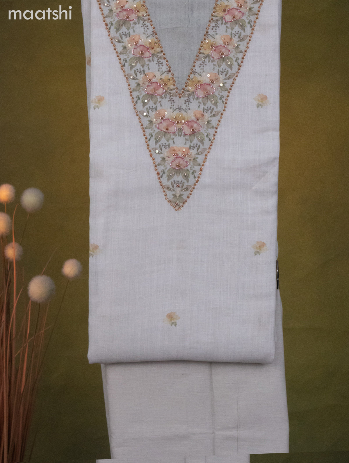 Linen cotton dress material beige with floral butta prints & beaded sequin work v neck pattern and bottom & dupatta