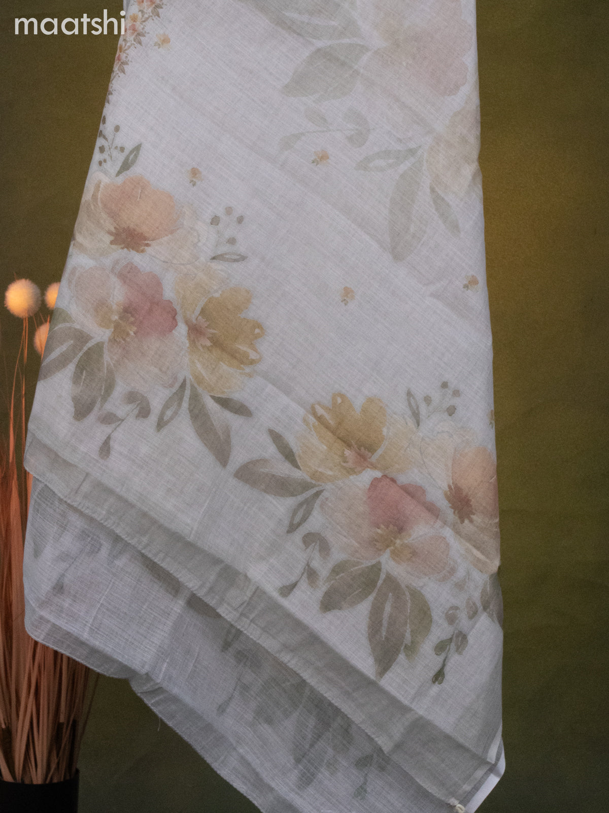 Linen cotton dress material beige with floral butta prints & beaded sequin work v neck pattern and bottom & dupatta