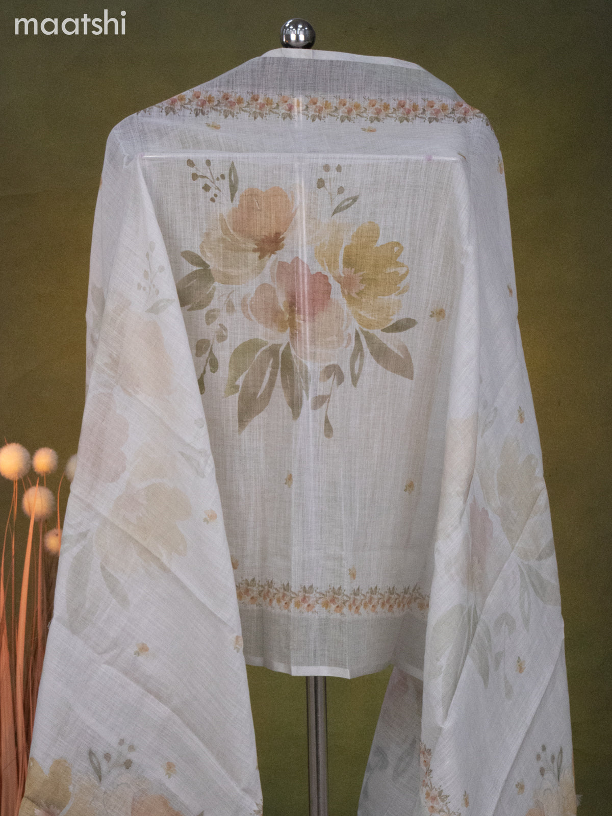 Linen cotton dress material beige with floral butta prints & beaded sequin work v neck pattern and bottom & dupatta