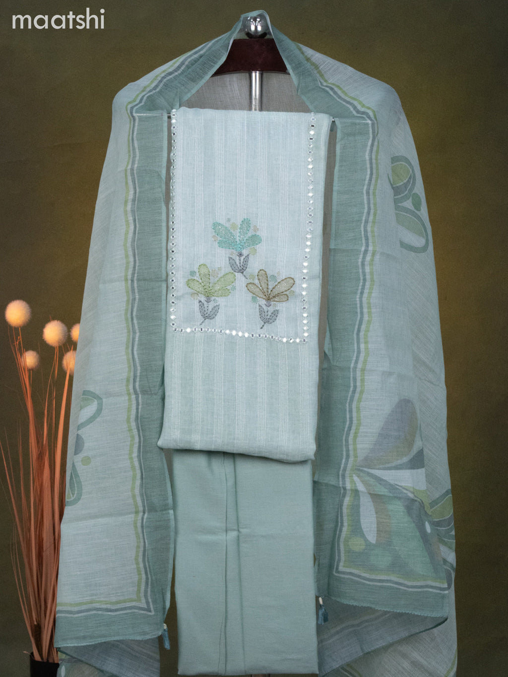 Linen cotton dress material teal shade with mirror & embroidery work neck pattern and bottom & dupatta