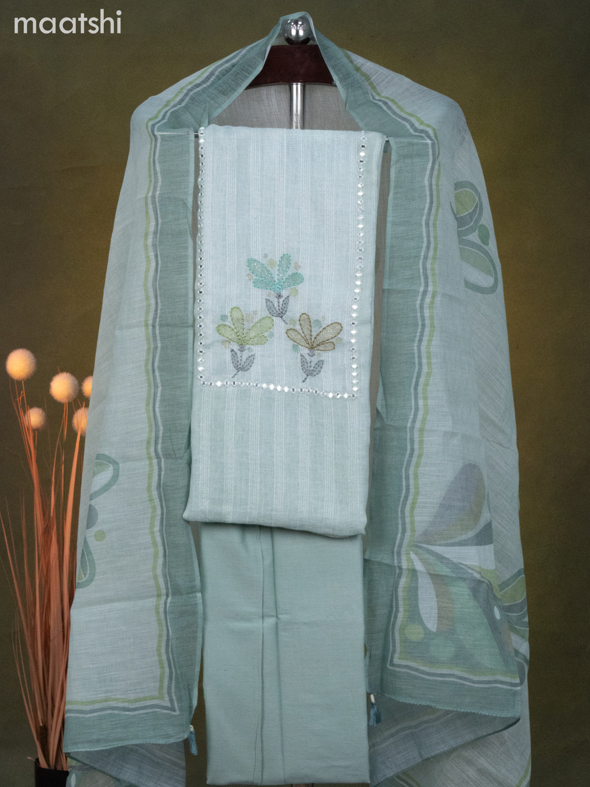 Linen cotton dress material teal shade with mirror & embroidery work neck pattern and bottom & dupatta