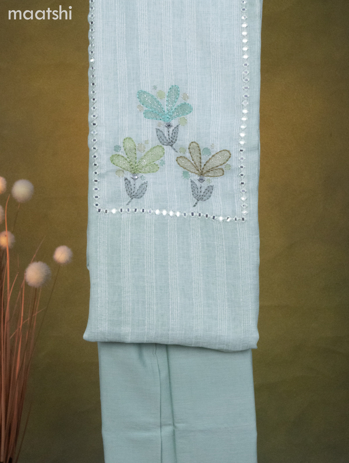 Linen cotton dress material teal shade with mirror & embroidery work neck pattern and bottom & dupatta