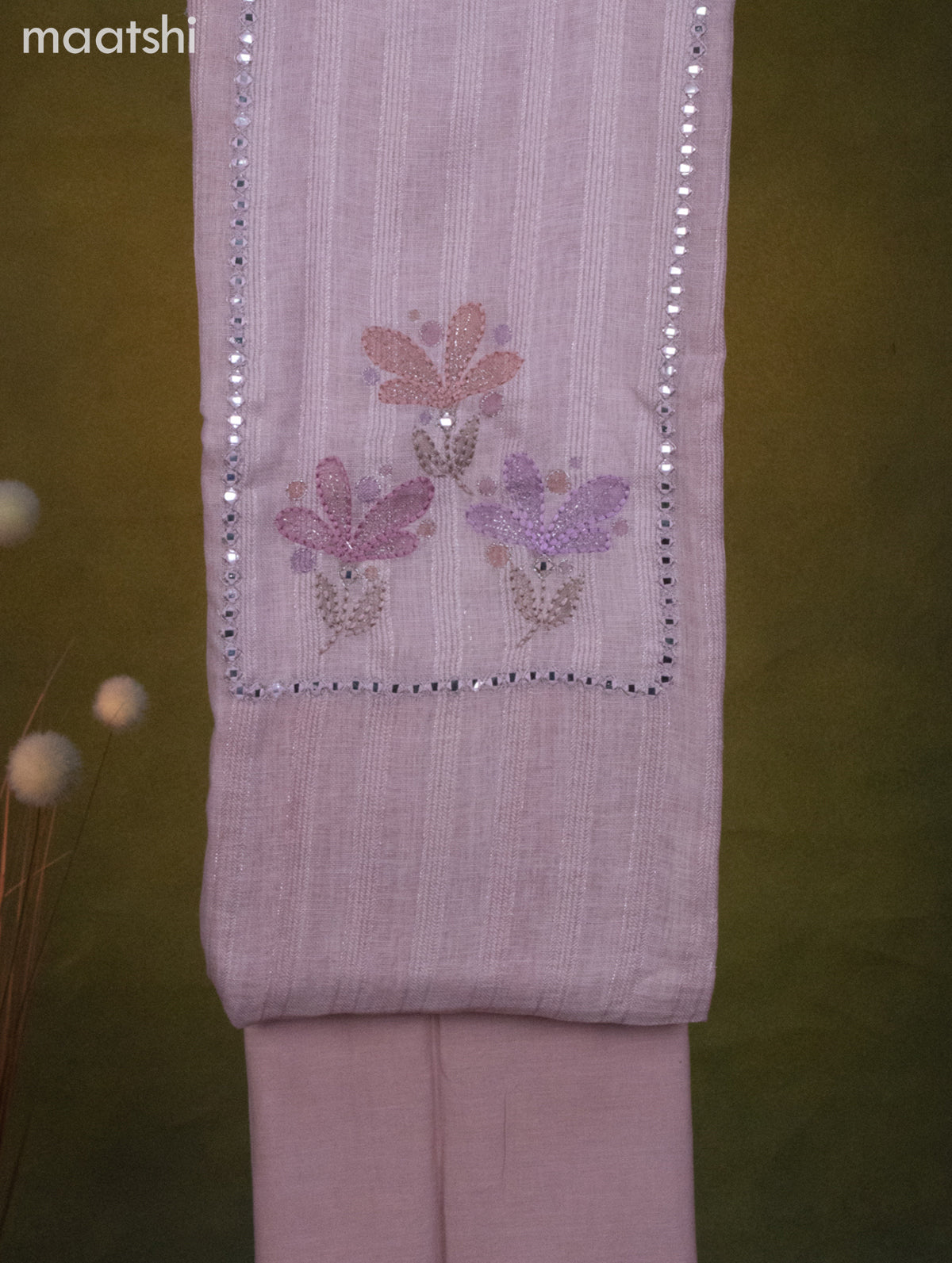 Linen cotton dress material pastel pink shade with mirror & embroidery work neck pattern and bottom & dupatta