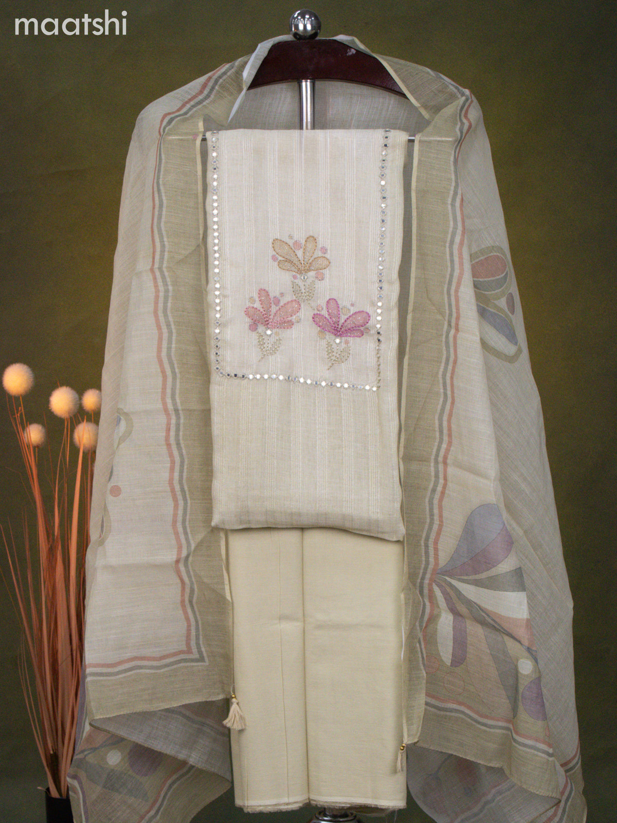 Linen cotton dress material mild pista green with mirror & embroidery work neck pattern and bottom & dupatta