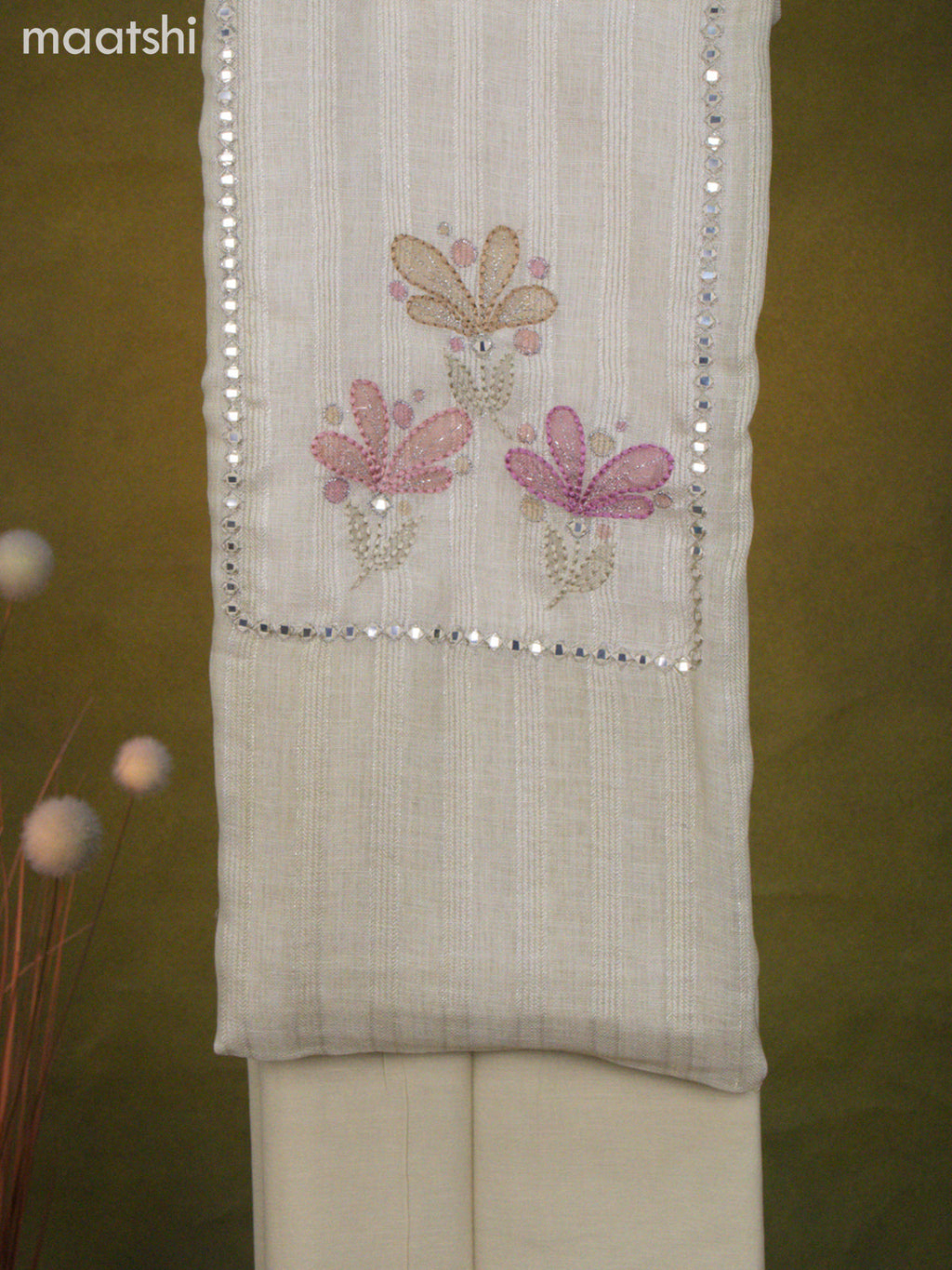 Linen cotton dress material mild pista green with mirror & embroidery work neck pattern and bottom & dupatta