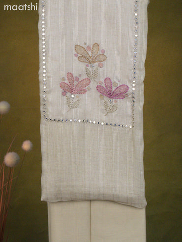 Linen cotton dress material mild pista green with mirror & embroidery work neck pattern and bottom & dupatta