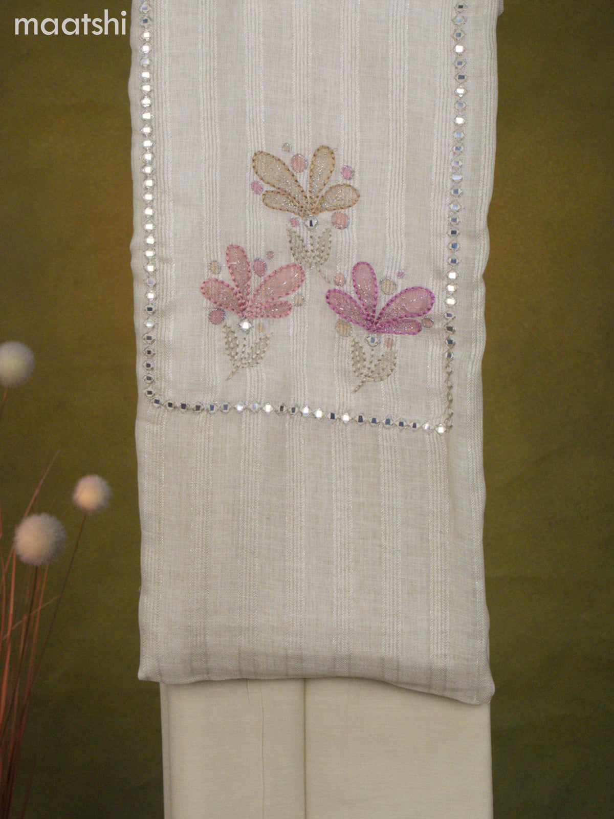 Linen cotton dress material mild pista green with mirror & embroidery work neck pattern and bottom & dupatta