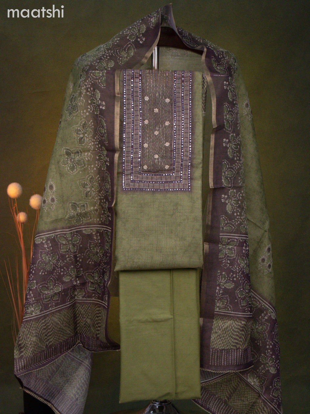Tissue linen dress material green shade and pastel purple shade with mirror & beaded work neck pattern and bottom & dupatta
