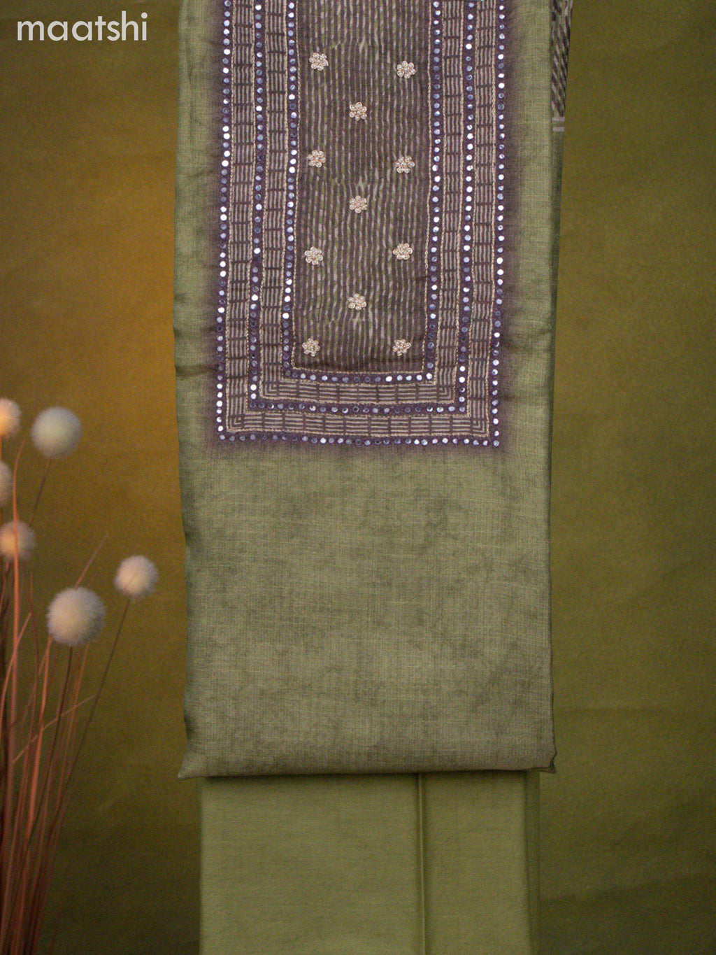 Tissue linen dress material green shade and pastel purple shade with mirror & beaded work neck pattern and bottom & dupatta