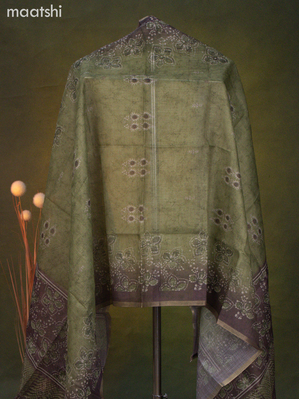 Tissue linen dress material green shade and pastel purple shade with mirror & beaded work neck pattern and bottom & dupatta