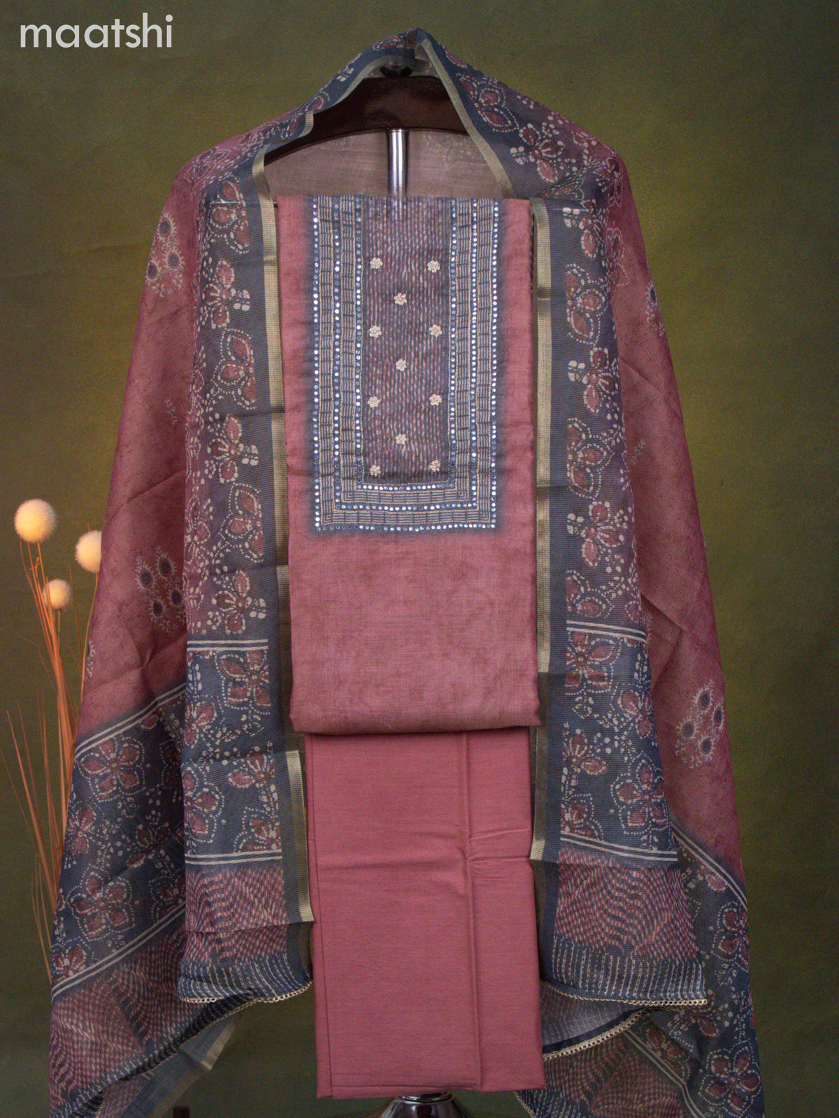 Tissue linen dress material pastel maroon shade and grey shade with mirror & beaded work neck pattern and bottom & dupatta