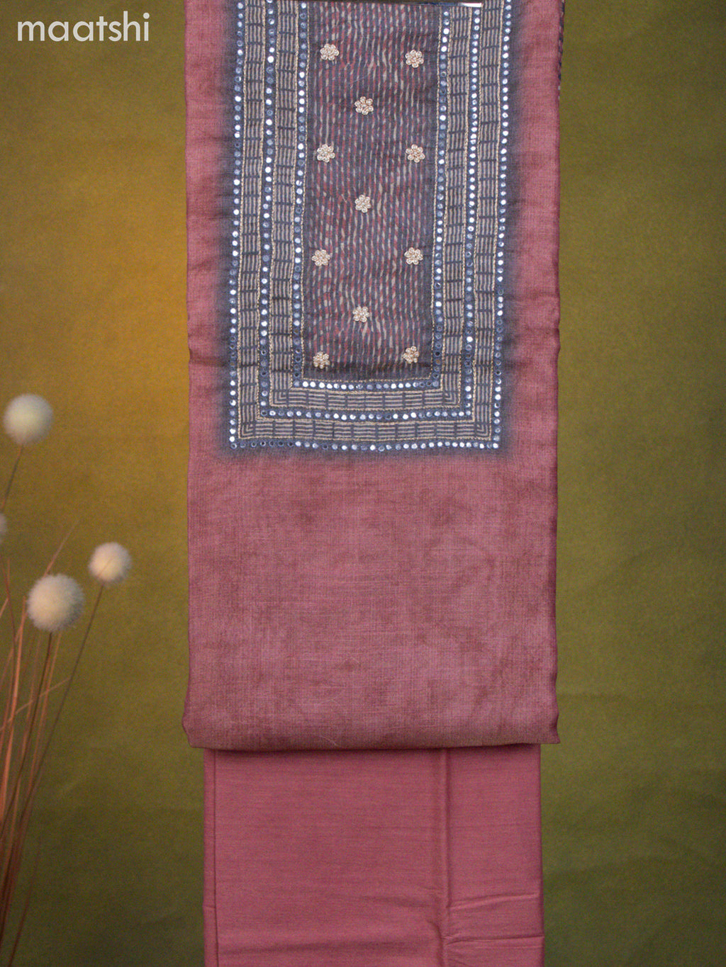 Tissue linen dress material pastel maroon shade and grey shade with mirror & beaded work neck pattern and bottom & dupatta