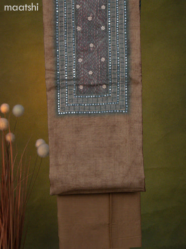 Tissue linen dress material brown shade and pastel green shade with mirror & beaded work neck pattern and bottom & dupatta