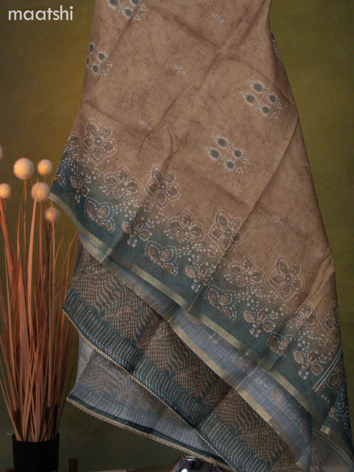 Tissue linen dress material brown shade and pastel green shade with mirror & beaded work neck pattern and bottom & dupatta