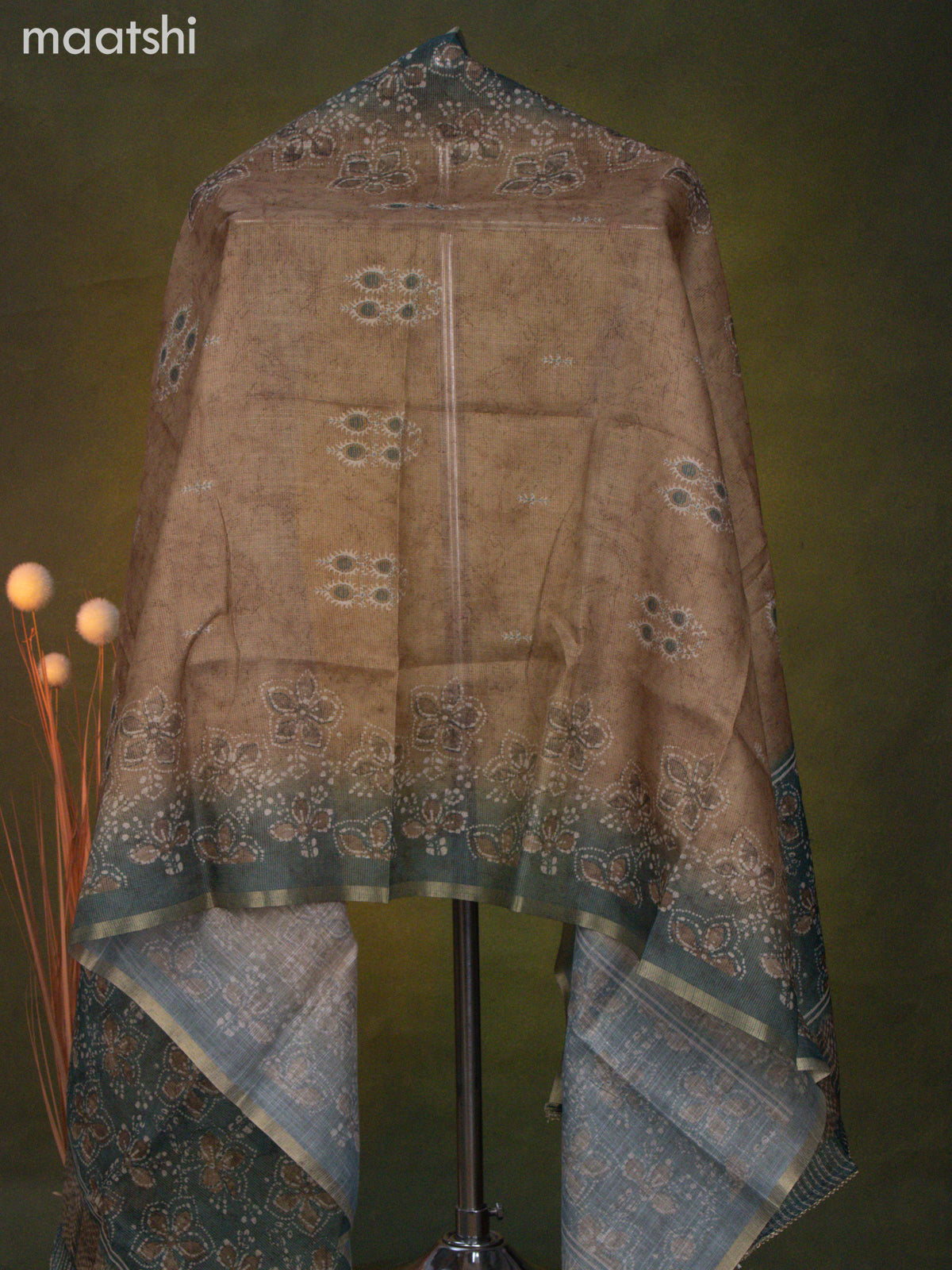Tissue linen dress material brown shade and pastel green shade with mirror & beaded work neck pattern and bottom & dupatta
