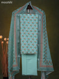 Linen cotton dress material teal green shade with floral prints & kantha stitch work and bottom & dupatta