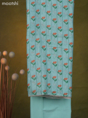 Linen cotton dress material teal green shade with floral prints & kantha stitch work and bottom & dupatta