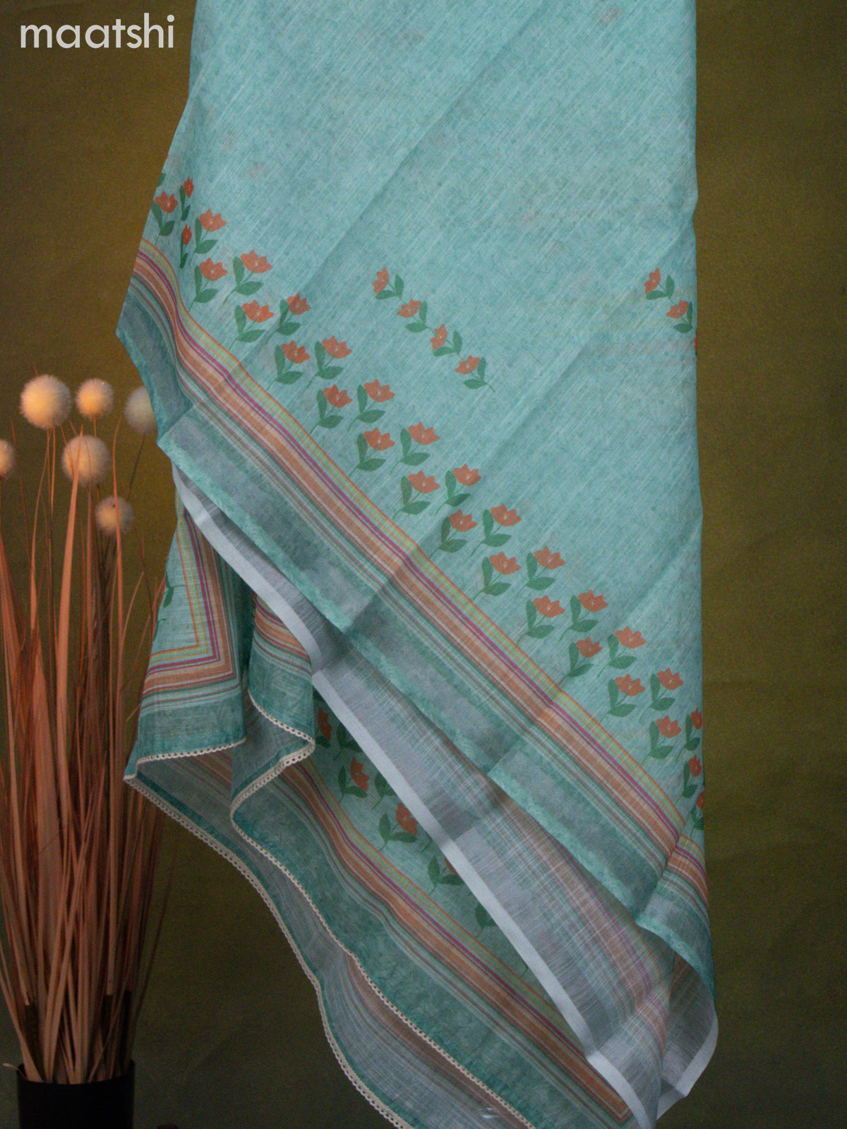 Linen cotton dress material teal green shade with floral prints & kantha stitch work and bottom & dupatta