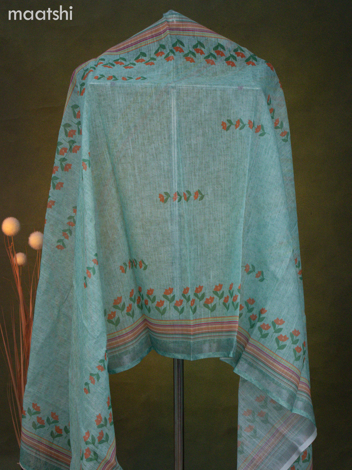 Linen cotton dress material teal green shade with floral prints & kantha stitch work and bottom & dupatta