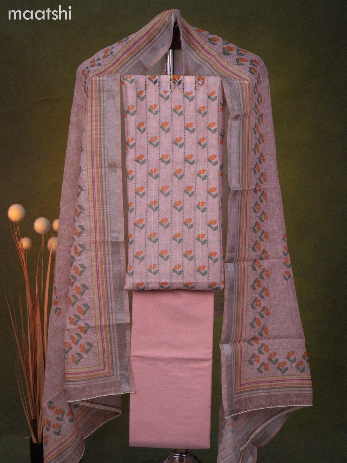 Linen cotton dress material peach shade with floral prints & kantha stitch work and bottom & dupatta