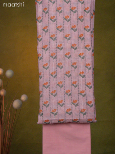 Linen cotton dress material peach shade with floral prints & kantha stitch work and bottom & dupatta