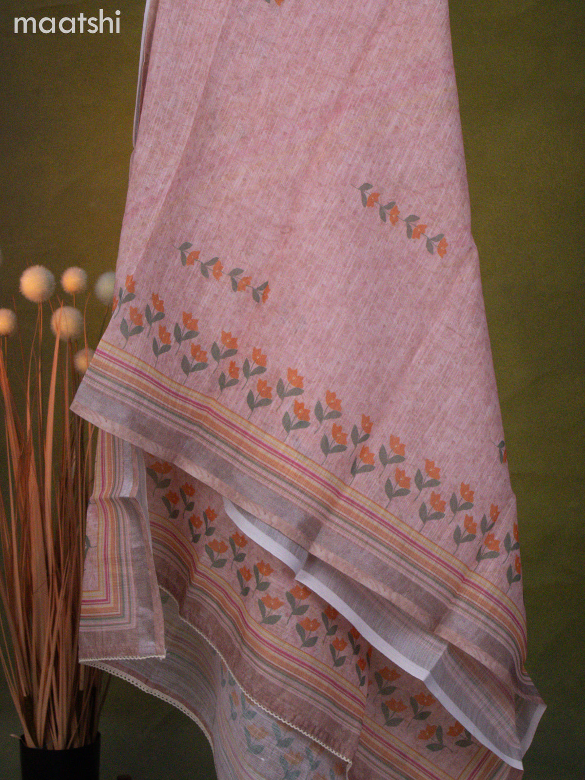 Linen cotton dress material peach shade with floral prints & kantha stitch work and bottom & dupatta